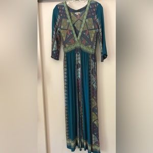 Earthbound Gypsy Boho Teal Micromosaic Maxi Dress Deep Front Slit Size Small